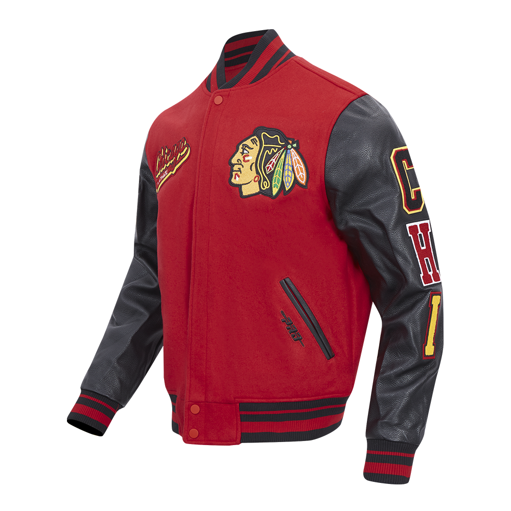 NHL CHICAGO BLACKHAWKS SCRIPT TAIL MEN'S RIB WOOL VARSITY JACKET (RED/BLACK)