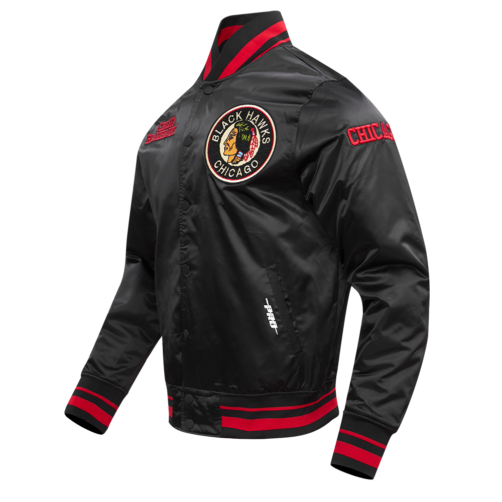 NHL CHICAGO BLACKHAWKS RETRO CLASSIC MEN'S  RIB SATIN JACKET (BLACK/RED/BLACK)