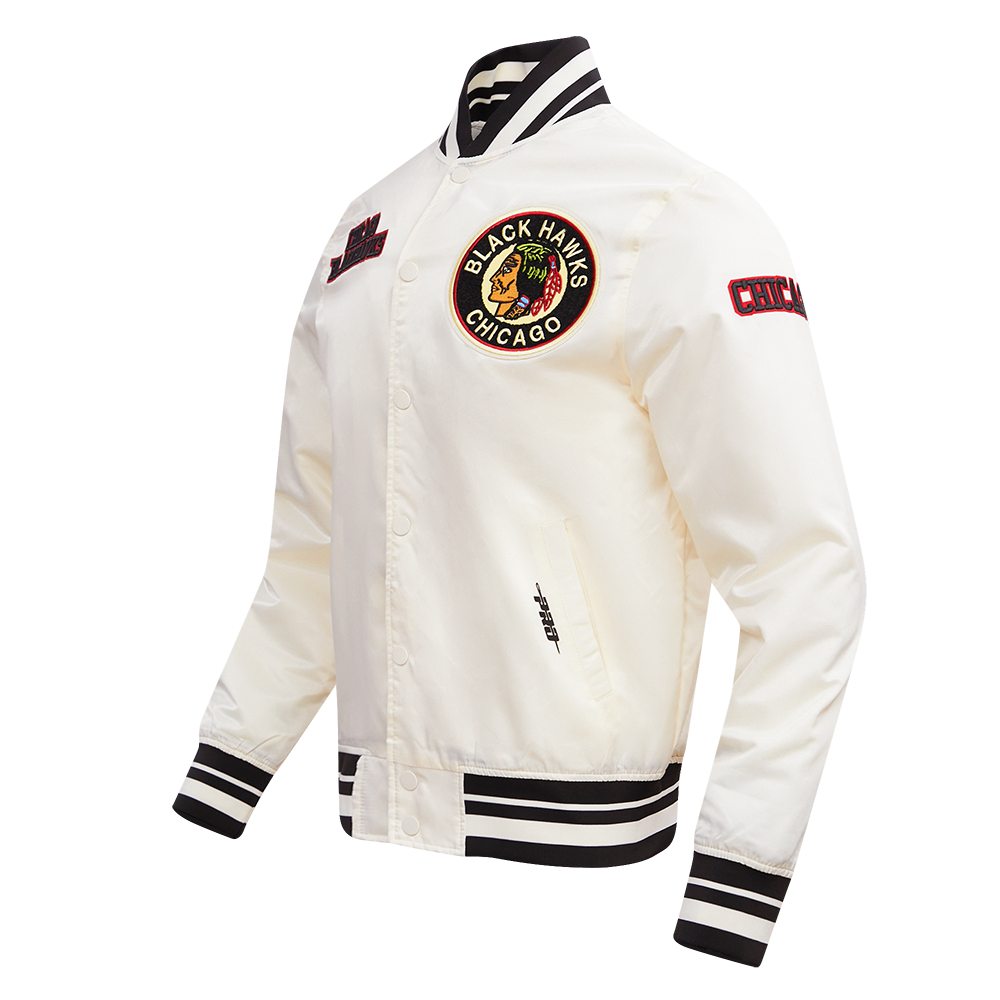NHL CHICAGO BLACKHAWKS RETRO CLASSIC MEN'S  RIB SATIN JACKET (EGGSHELL/ BLACK)