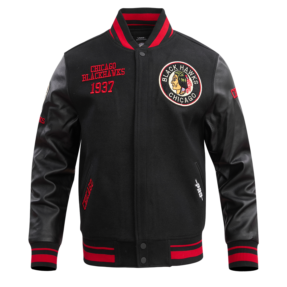 NHL CHICAGO BLACKHAWKS RETRO CLASSIC MEN'S  RIB WOOL VARSITY JACKET (BLACK/RED/BLACK)