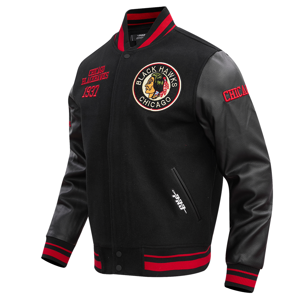 NHL CHICAGO BLACKHAWKS RETRO CLASSIC MEN'S  RIB WOOL VARSITY JACKET (BLACK/RED/BLACK)