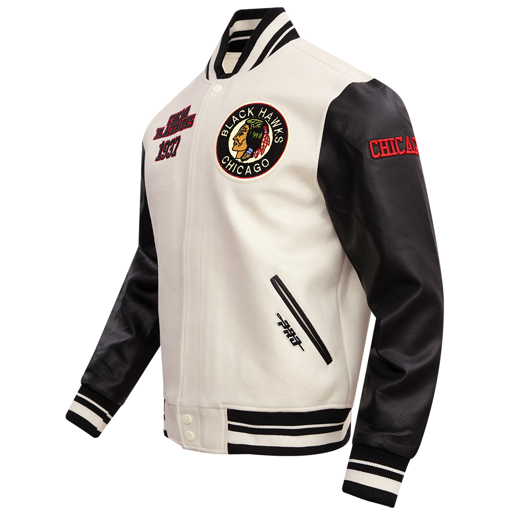 NHL CHICAGO BLACKHAWKS RETRO CLASSIC MEN'S  RIB WOOL VARSITY JACKET (EGGSHELL/ BLACK)
