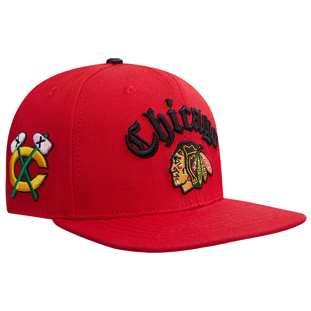 NHL CHICAGO BLACKHAWKS OLD ENGLISH UNISEX 6 PANEL SNAPBACK HAT (RED)