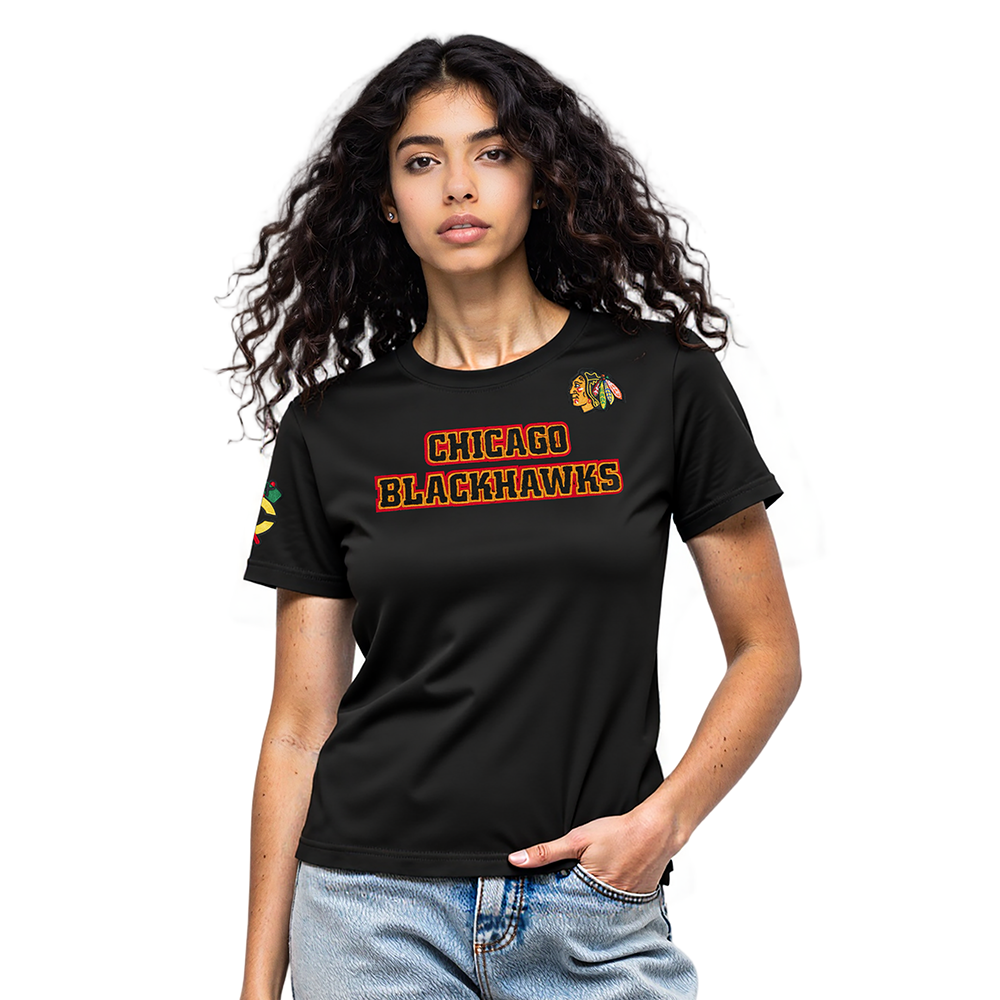 NHL CHICAGO BLACKHAWKS CLASSIC T-SHIRT EN JERSEY SIMPLE À COUPE AJUSTÉE POUR FEMME (NOIR)