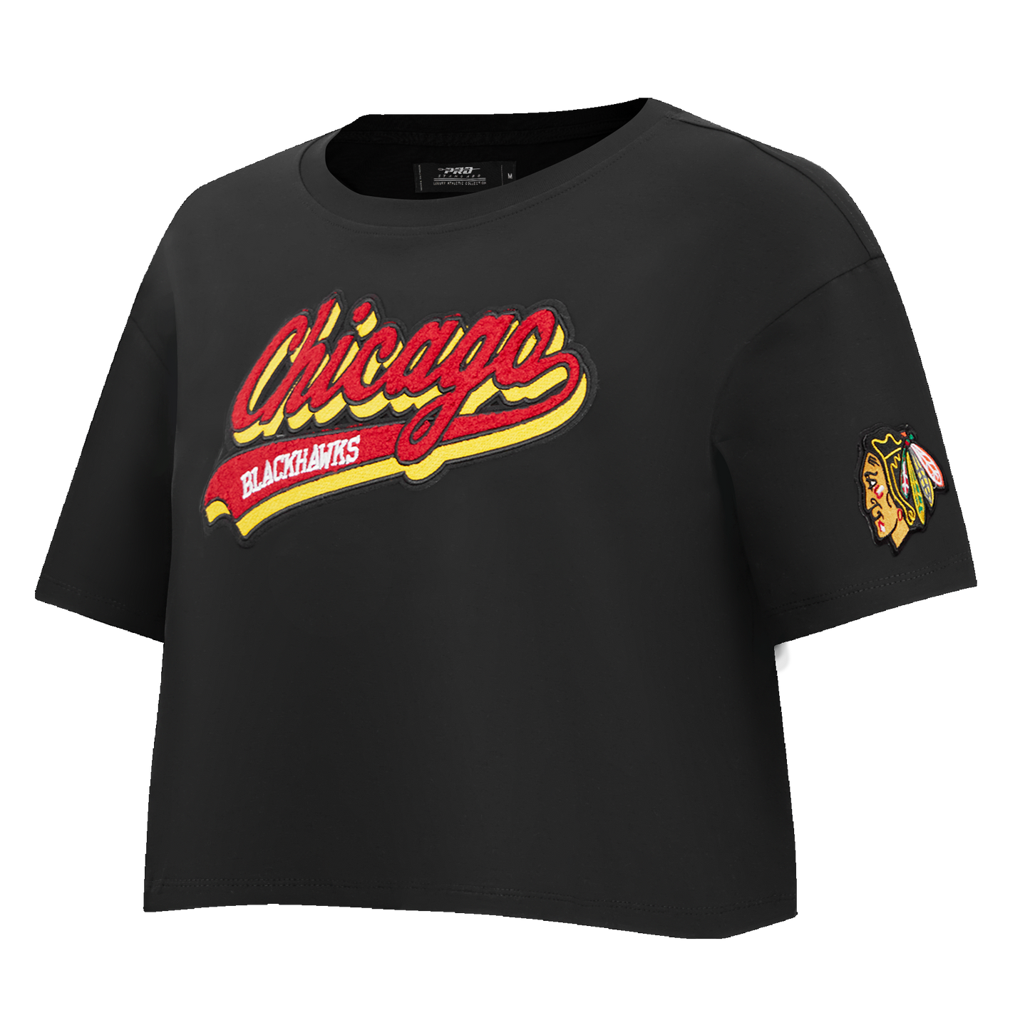 NHL CHICAGO BLACKHAWKS SCRIPT TAIL WOMEN'S SINGLE JERSEY BOXY TEE (BLACK)