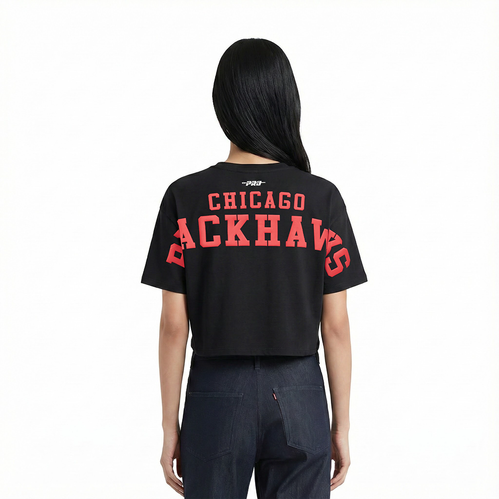 NHL CHICAGO BLACKHAWKS WINGSPAN T-SHIRT EN JERSEY SIMPLE À COUPE CARRÉE POUR FEMME (NOIR)
