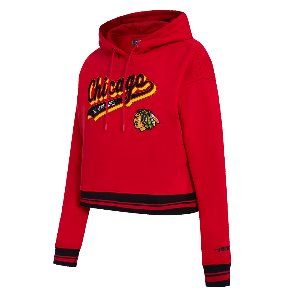 NHL CHICAGO BLACKHAWKS SCRIPT TAIL WOMEN'S RIB FLEECE CROPPED PULLOVER HOODIE (RED/BLACK)