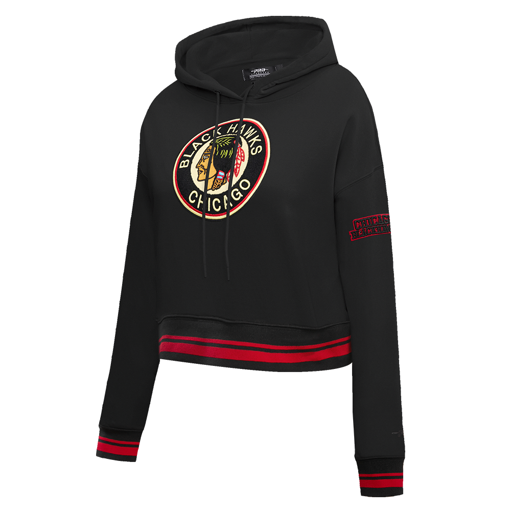 NHL CHICAGO BLACKHAWKS RETRO CLASSIC WOMEN'S RIB CROPPED PULLOVER HOODIE (BLACK/RED/BLACK)