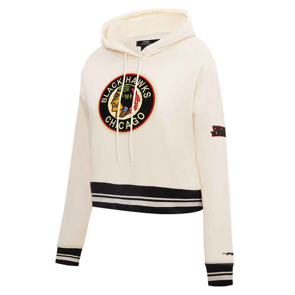 NHL CHICAGO BLACKHAWKS RETRO CLASSIC WOMEN'S RIB CROPPED PULLOVER HOODIE (EGGSHELL/ BLACK)