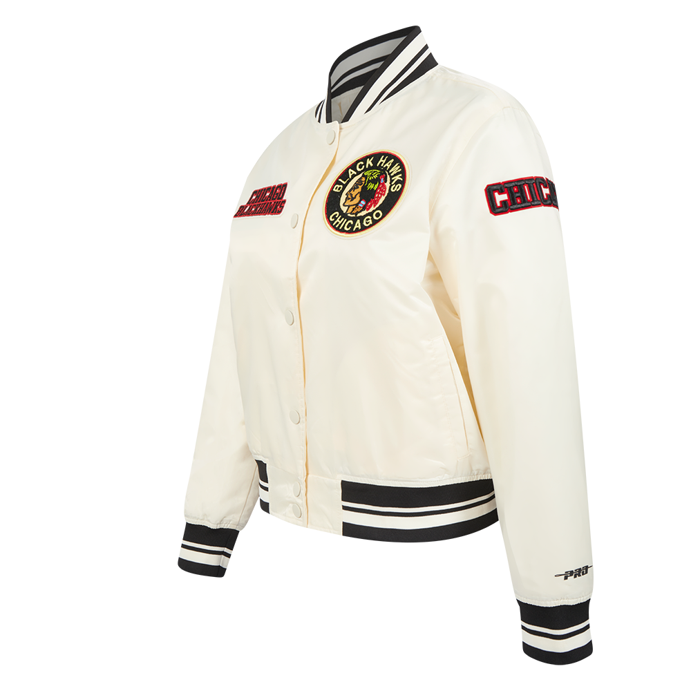 NHL CHICAGO BLACKHAWKS RETRO CLASSIC WOMEN'S RIB SATIN JACKET (EGGSHELL/ BLACK)