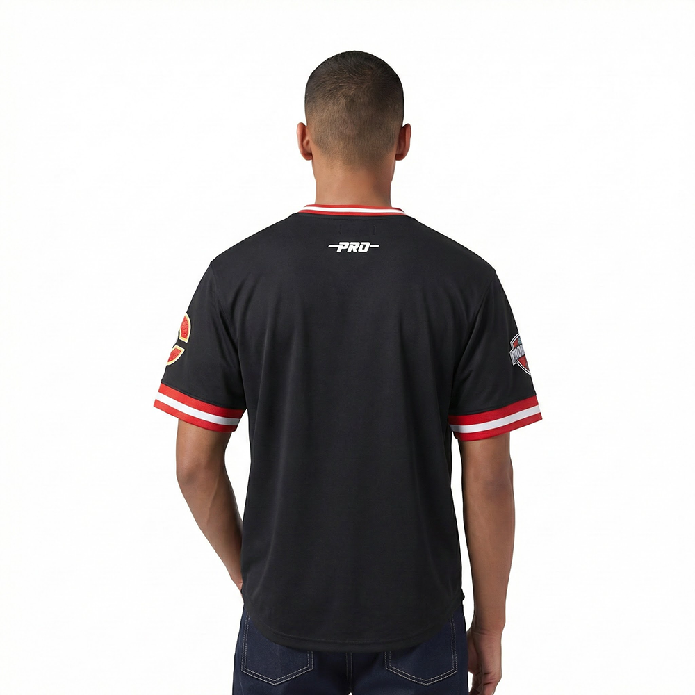 NHL CALGARY FLAMES CLASSIC CHENILLE T-SHIRT EN MAILLE DOUBLE POUR HOMME (NOIR/ROUGE)