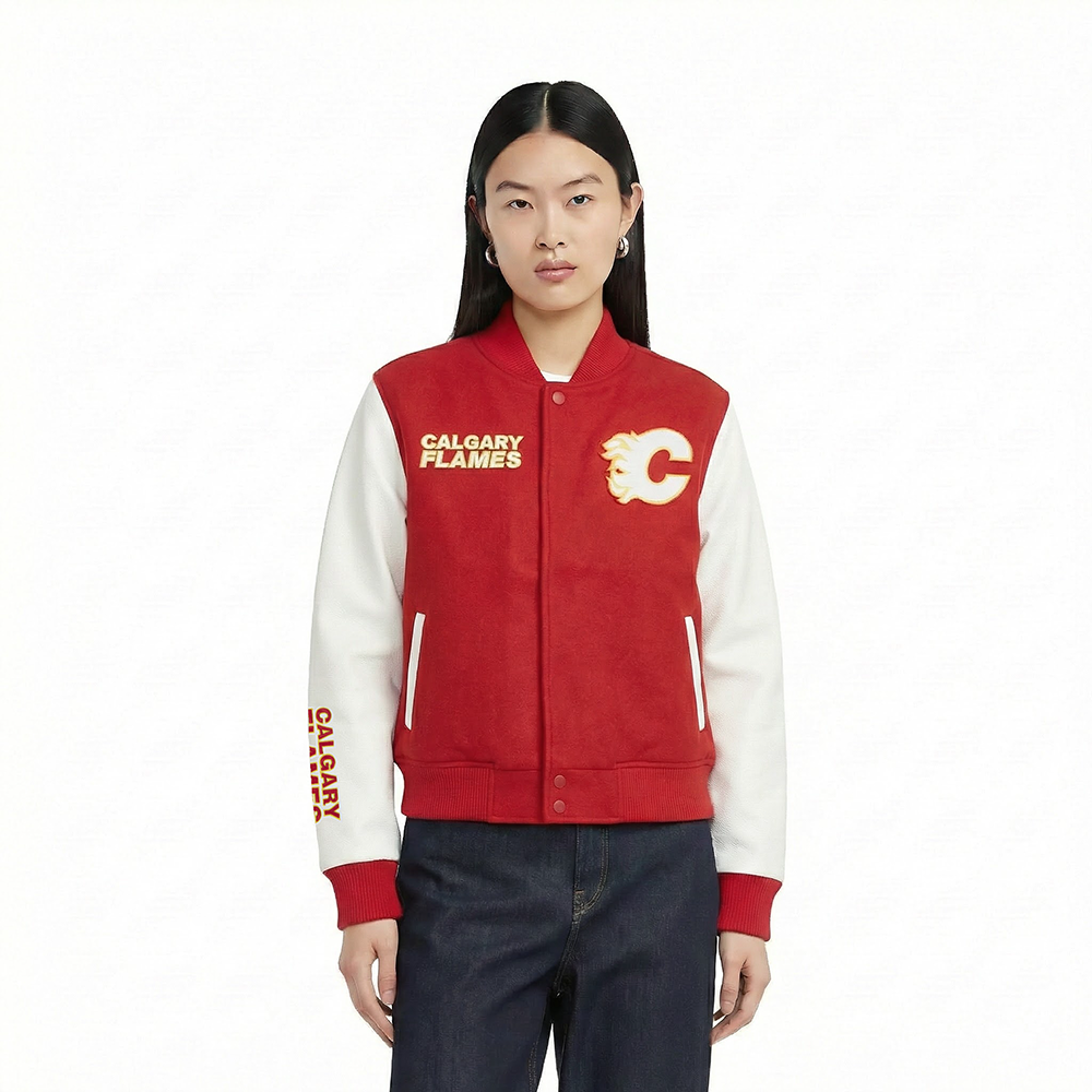 NHL CALGARY FLAMES CLASSIC BLOUSON COLLÉGIAL POUR FEMME (ROUGE/BLANC)