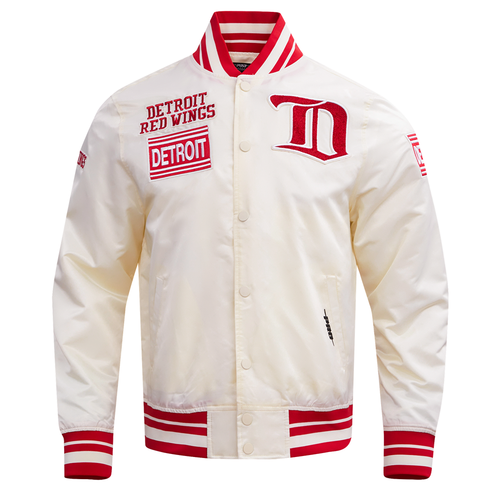 NHL DETROIT RED WINGS RETRO CLASSIC MEN'S  RIB SATIN JACKET (EGGSHELL/ RED)