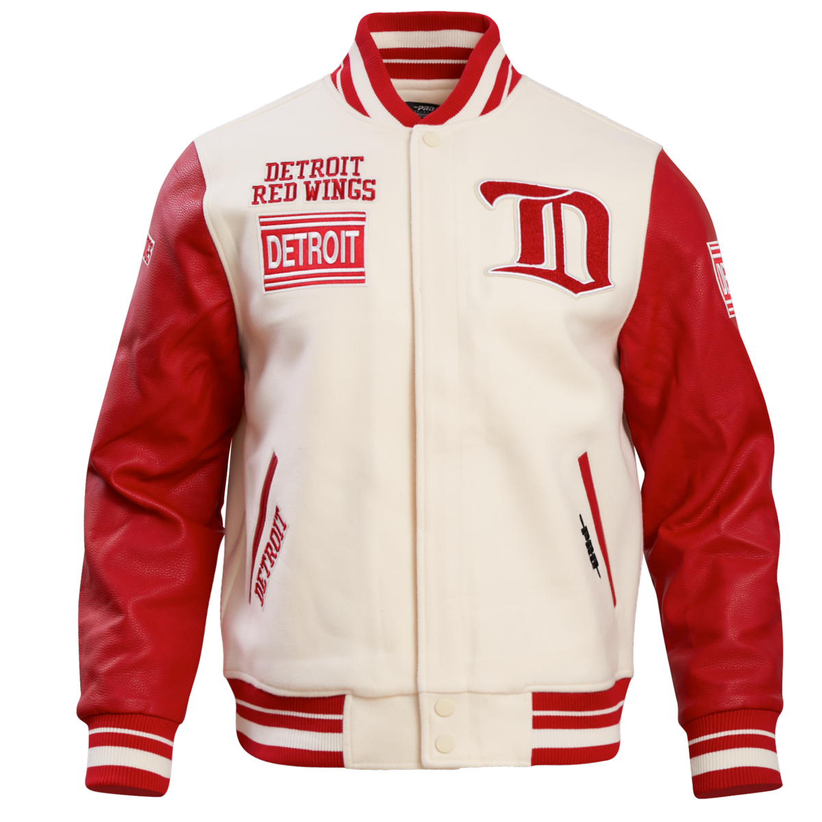 NHL DETROIT RED WINGS RETRO CLASSIC BLOUSON COLLÉGIAL EN LAINE À BORDS CÔTELÉS POUR HOMME (COQUILLE D'ŒUF/ROUGE)