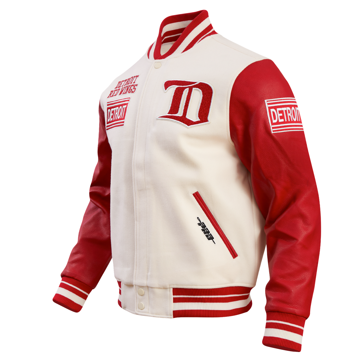 NHL DETROIT RED WINGS RETRO CLASSIC BLOUSON COLLÉGIAL EN LAINE À BORDS CÔTELÉS POUR HOMME (COQUILLE D'ŒUF/ROUGE)