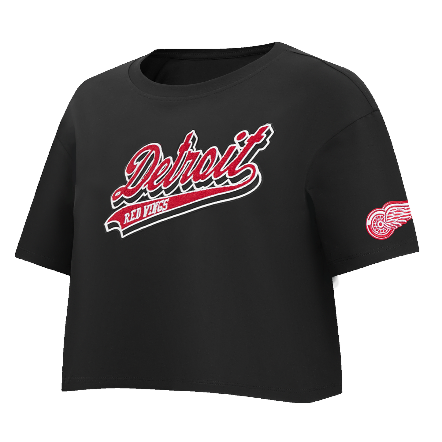 NHL DETROIT RED WINGS SCRIPT TAIL WOMEN'S SINGLE JERSEY BOXY TEE (BLACK)