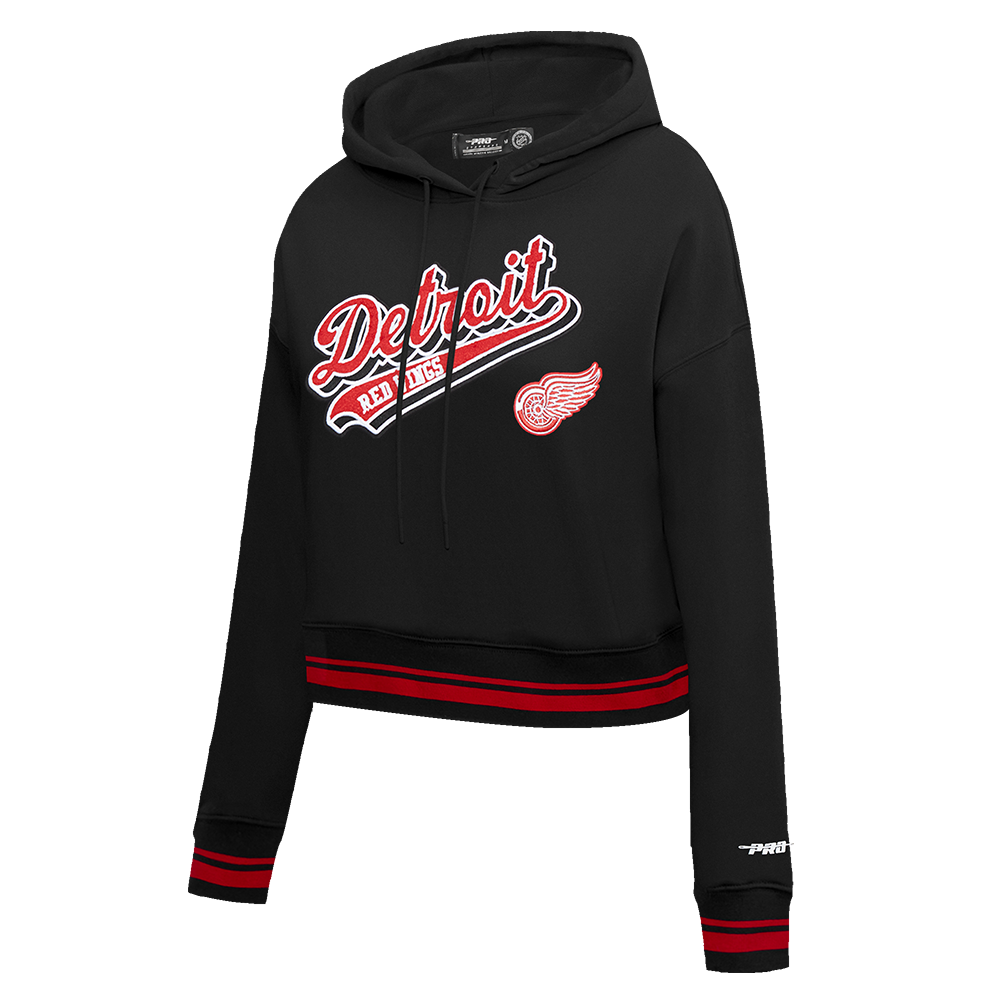 NHL DETROIT RED WINGS SCRIPT TAIL WOMEN'S RIB FLEECE CROPPED PULLOVER HOODIE (BLACK/RED/BLACK)