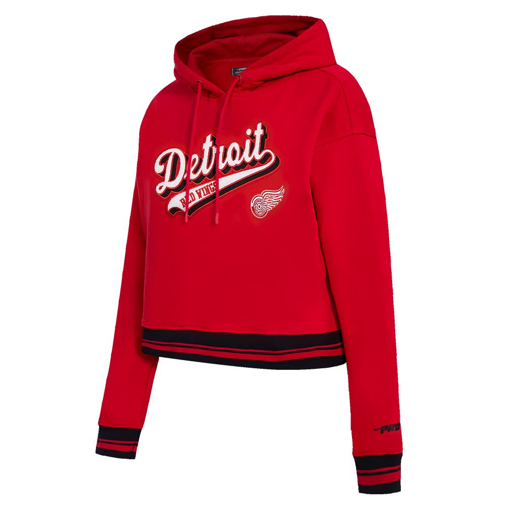 NHL DETROIT RED WINGS SCRIPT TAIL WOMEN'S RIB FLEECE CROPPED PULLOVER HOODIE (RED/BLACK)
