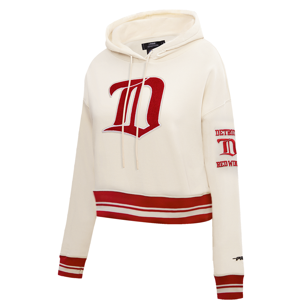 NHL DETROIT RED WINGS RETRO CLASSIC WOMEN'S RIB CROPPED PULLOVER HOODIE (EGGSHELL/ RED)