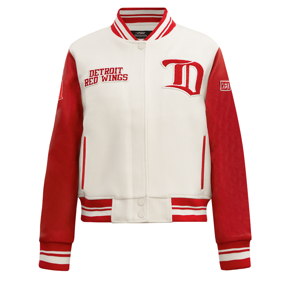 NHL DETROIT RED WINGS RETRO CLASSIC WOMEN'S RIB WOOL VARSITY JACKET (EGGSHELL/ RED)