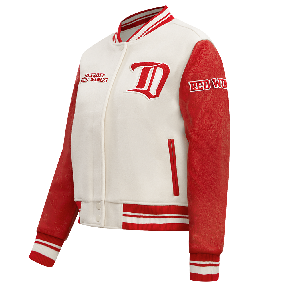 NHL DETROIT RED WINGS RETRO CLASSIC WOMEN'S RIB WOOL VARSITY JACKET (EGGSHELL/ RED)