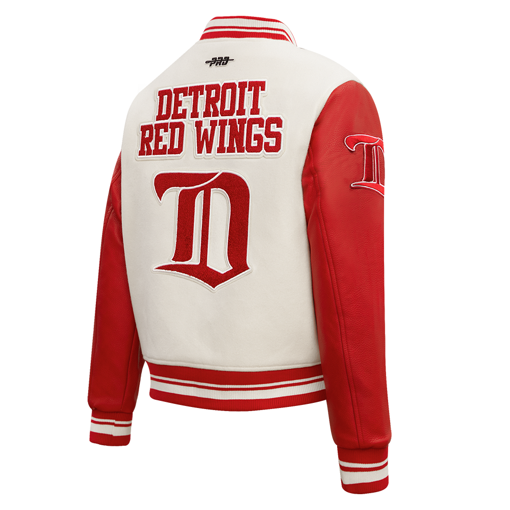 NHL DETROIT RED WINGS RETRO CLASSIC WOMEN'S RIB WOOL VARSITY JACKET (EGGSHELL/ RED)