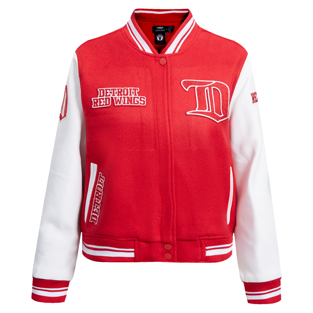 NHL DETROIT RED WINGS RETRO CLASSIC BLOUSON COLLÉGIAL EN LAINE À BORDS CÔTELÉS POUR FEMME (ROUGE/BLANC)