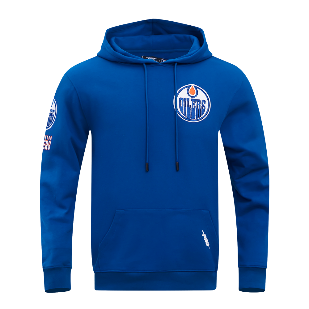 NHL EDMONTON OILERS CLASSIC CHENILLE CHANDAIL À CAPUCHON EN MAILLE DOUBLE POUR HOMME (BLEU DODGER)