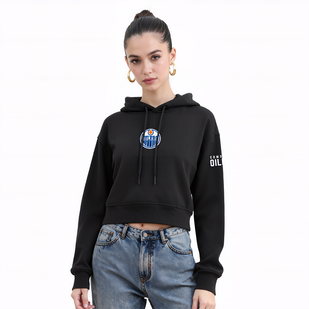 NHL EDMONTON OILERS CLASSIC WOMEN'S FLC CROPPED PO HOODIE (BLACK)