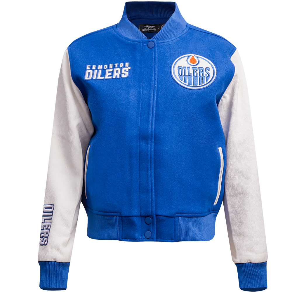 NHL EDMONTON OILERS CLASSIC BLOUSON COLLÉGIAL EN LAINE POUR FEMME (BLEU DODGER/BLANC)