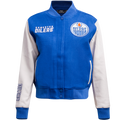 NHL EDMONTON OILERS CLASSIC BLOUSON COLLÉGIAL EN LAINE POUR FEMME (BLEU DODGER/BLANC)