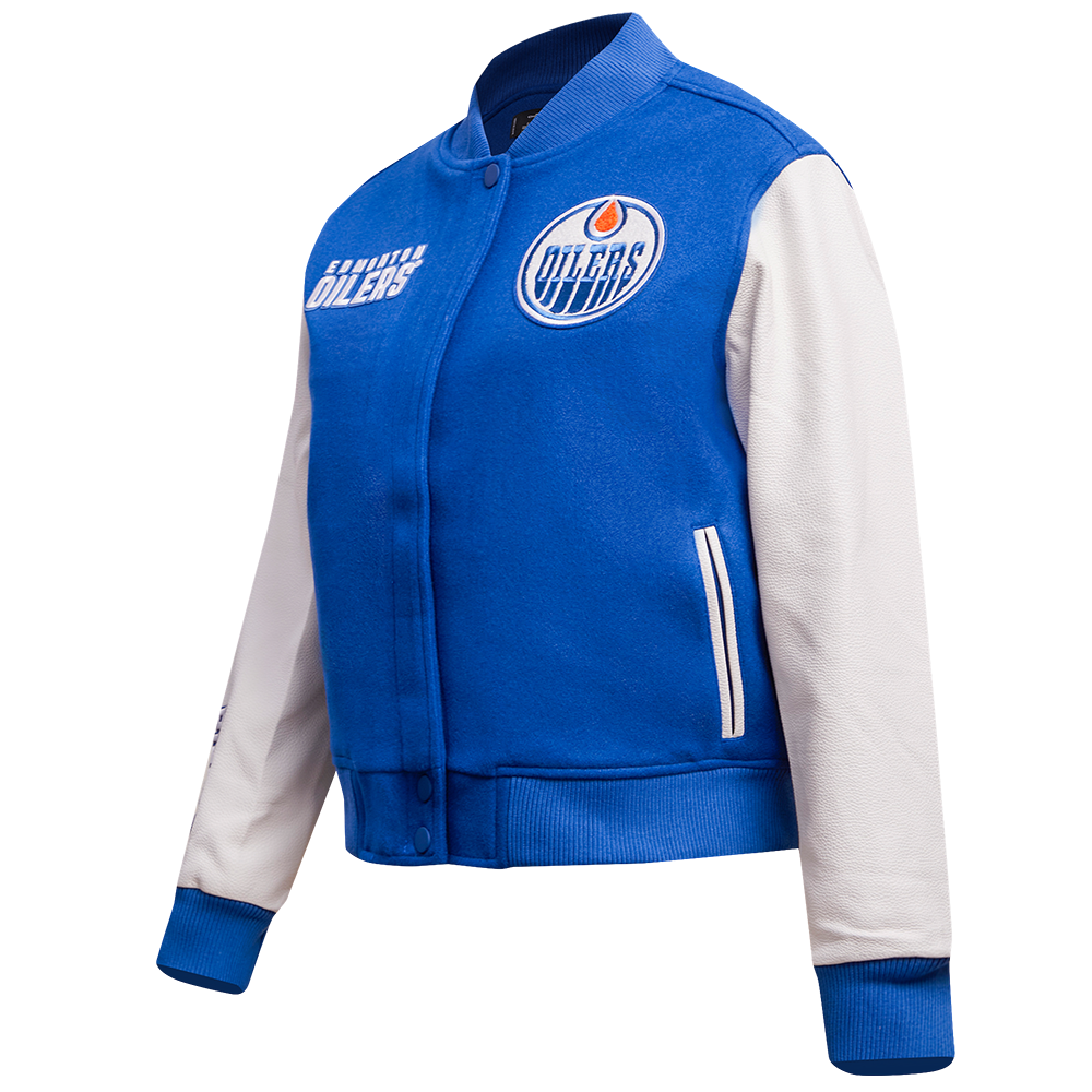 NHL EDMONTON OILERS CLASSIC BLOUSON COLLÉGIAL EN LAINE POUR FEMME (BLEU DODGER/BLANC)
