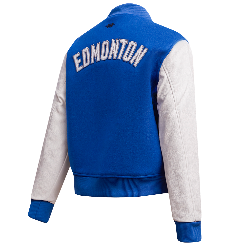 NHL EDMONTON OILERS CLASSIC BLOUSON COLLÉGIAL EN LAINE POUR FEMME (BLEU DODGER/BLANC)