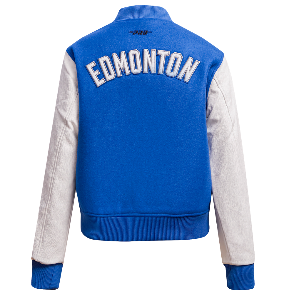 NHL EDMONTON OILERS CLASSIC BLOUSON COLLÉGIAL EN LAINE POUR FEMME (BLEU DODGER/BLANC)