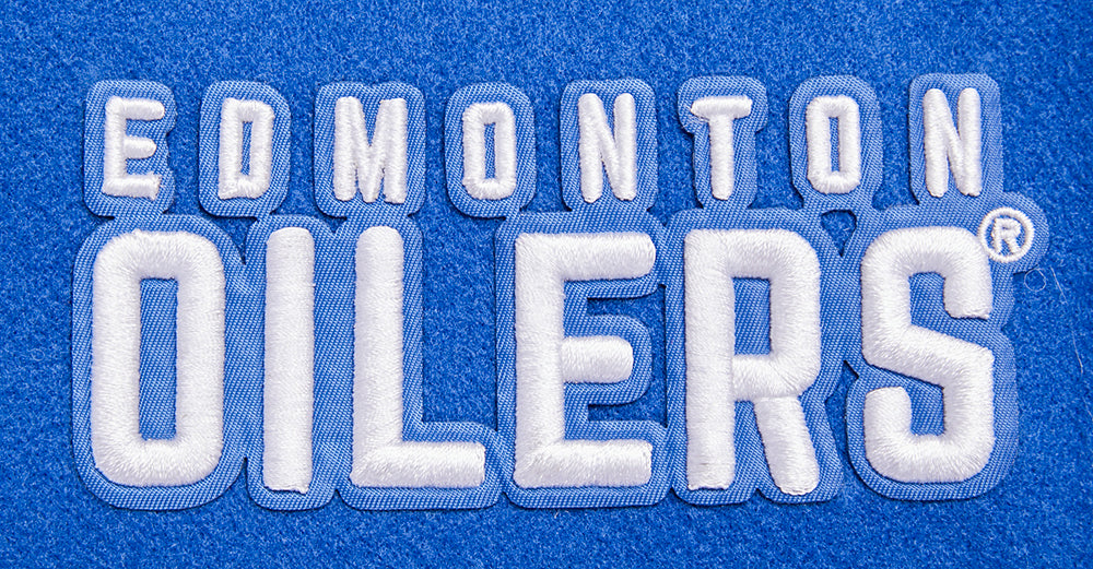 NHL EDMONTON OILERS CLASSIC BLOUSON COLLÉGIAL EN LAINE POUR FEMME (BLEU DODGER/BLANC)