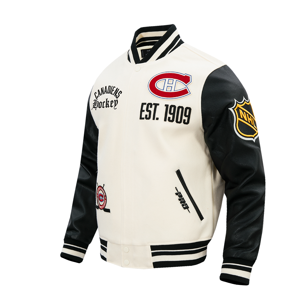 NHL MONTREAL CANADIENS MODERN ORIGINALS BLOUSON COLLÉGIAL EN LAINE À BORDS CÔTELÉS POUR HOMME (COQUILLE D'ŒUF/NOIR)