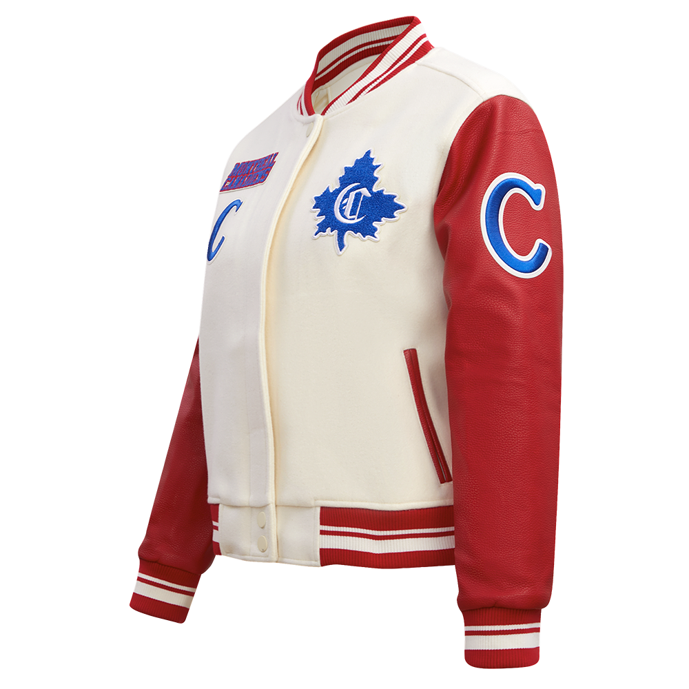 NHL MONTREAL CANADIENS RETRO CLASSIC BLOUSON COLLÉGIAL EN LAINE À BORDS CÔTELÉS POUR FEMME (COQUILLE D'ŒUF/ROUGE)