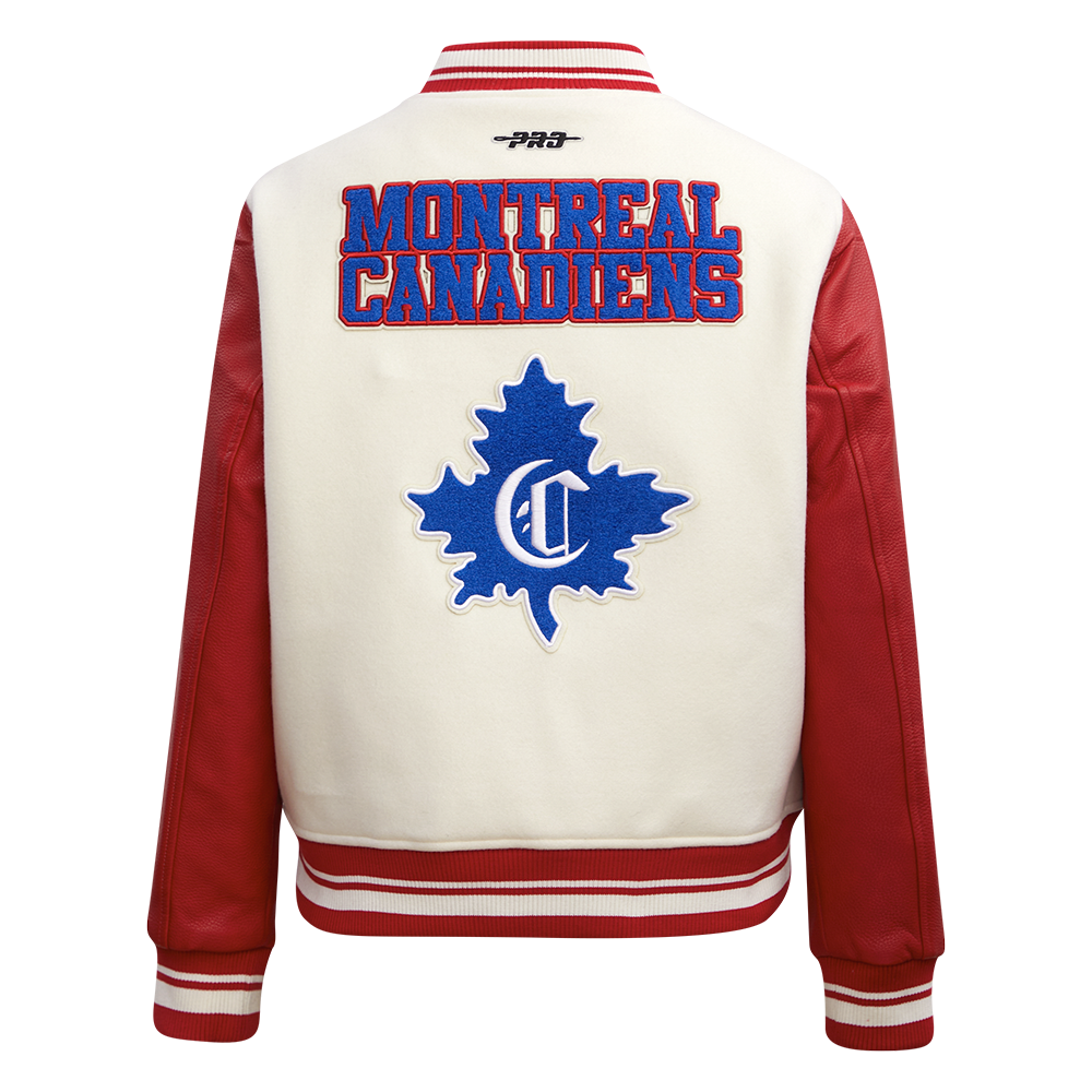 NHL MONTREAL CANADIENS RETRO CLASSIC BLOUSON COLLÉGIAL EN LAINE À BORDS CÔTELÉS POUR FEMME (COQUILLE D'ŒUF/ROUGE)