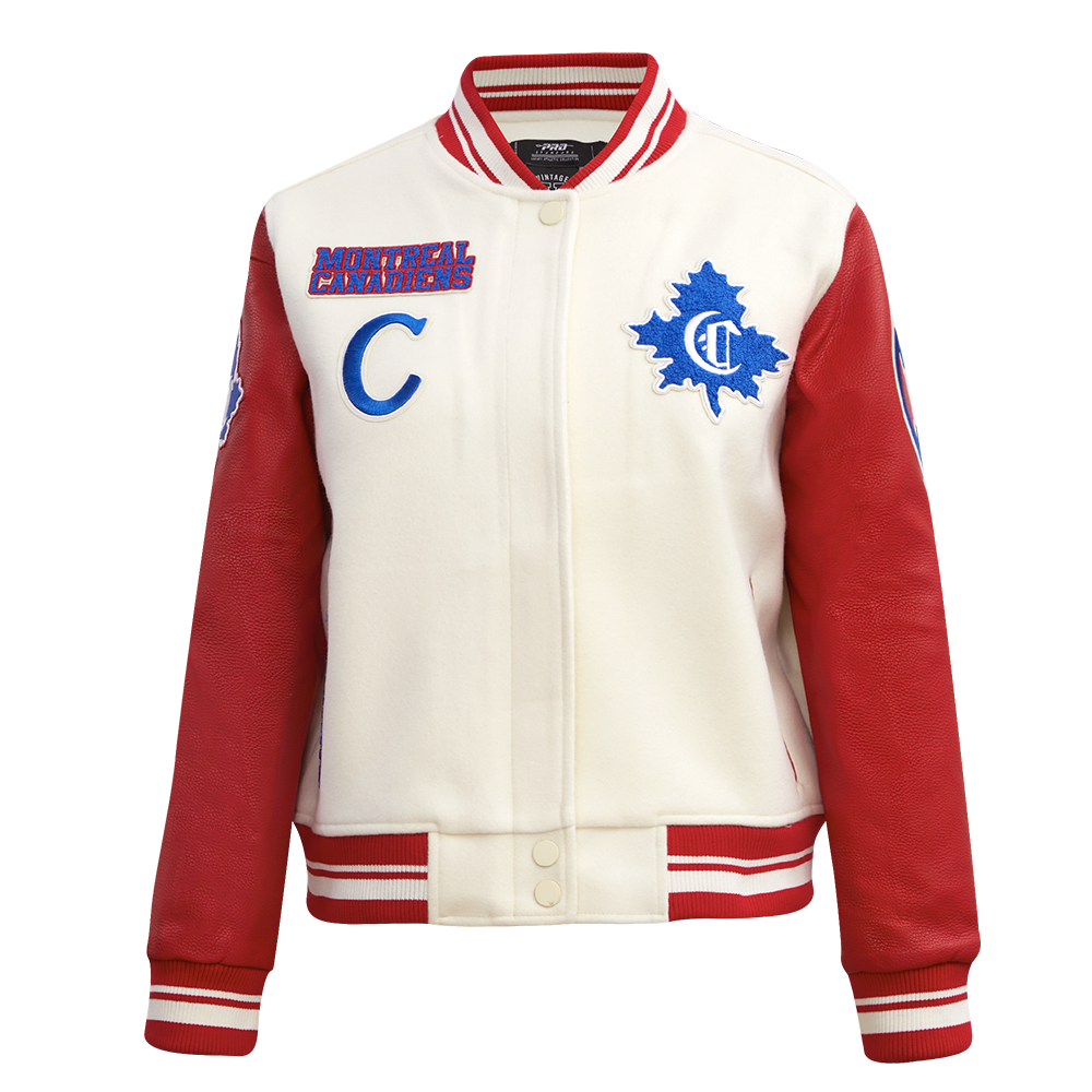 NHL MONTREAL CANADIENS RETRO CLASSIC BLOUSON COLLÉGIAL EN LAINE À BORDS CÔTELÉS POUR FEMME (COQUILLE D'ŒUF/ROUGE)