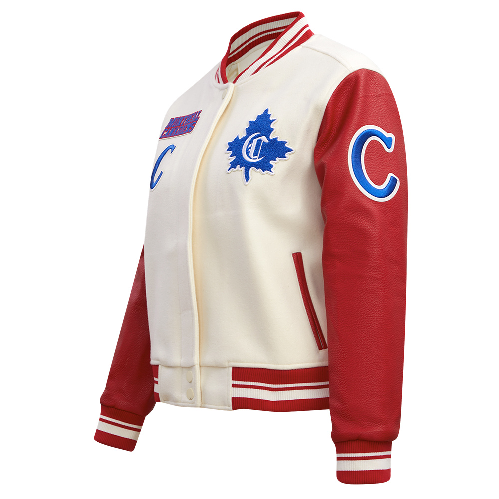 NHL MONTREAL CANADIENS RETRO CLASSIC BLOUSON COLLÉGIAL EN LAINE À BORDS CÔTELÉS POUR FEMME (COQUILLE D'ŒUF/ROUGE)