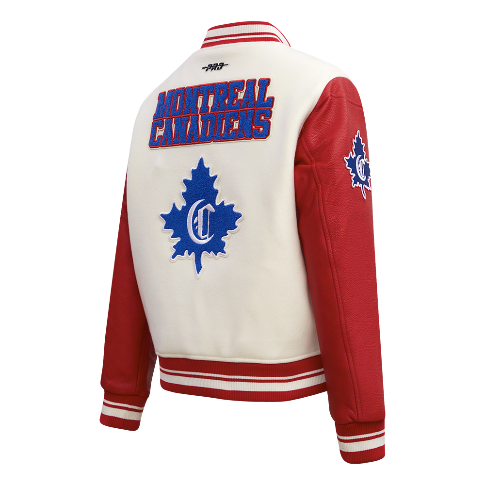 NHL MONTREAL CANADIENS RETRO CLASSIC BLOUSON COLLÉGIAL EN LAINE À BORDS CÔTELÉS POUR FEMME (COQUILLE D'ŒUF/ROUGE)