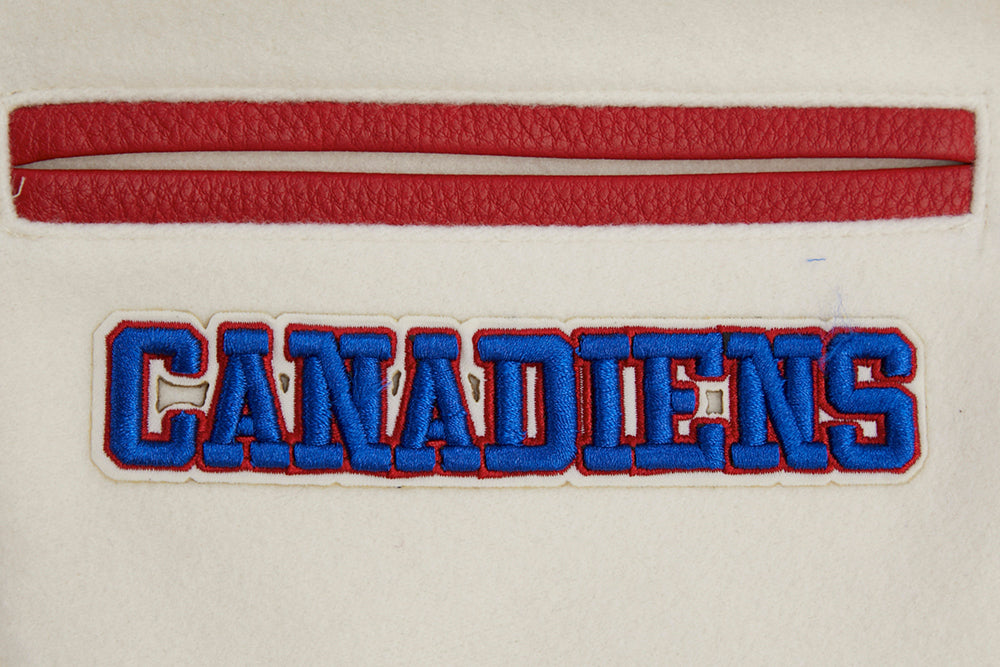 NHL MONTREAL CANADIENS RETRO CLASSIC BLOUSON COLLÉGIAL EN LAINE À BORDS CÔTELÉS POUR FEMME (COQUILLE D'ŒUF/ROUGE)