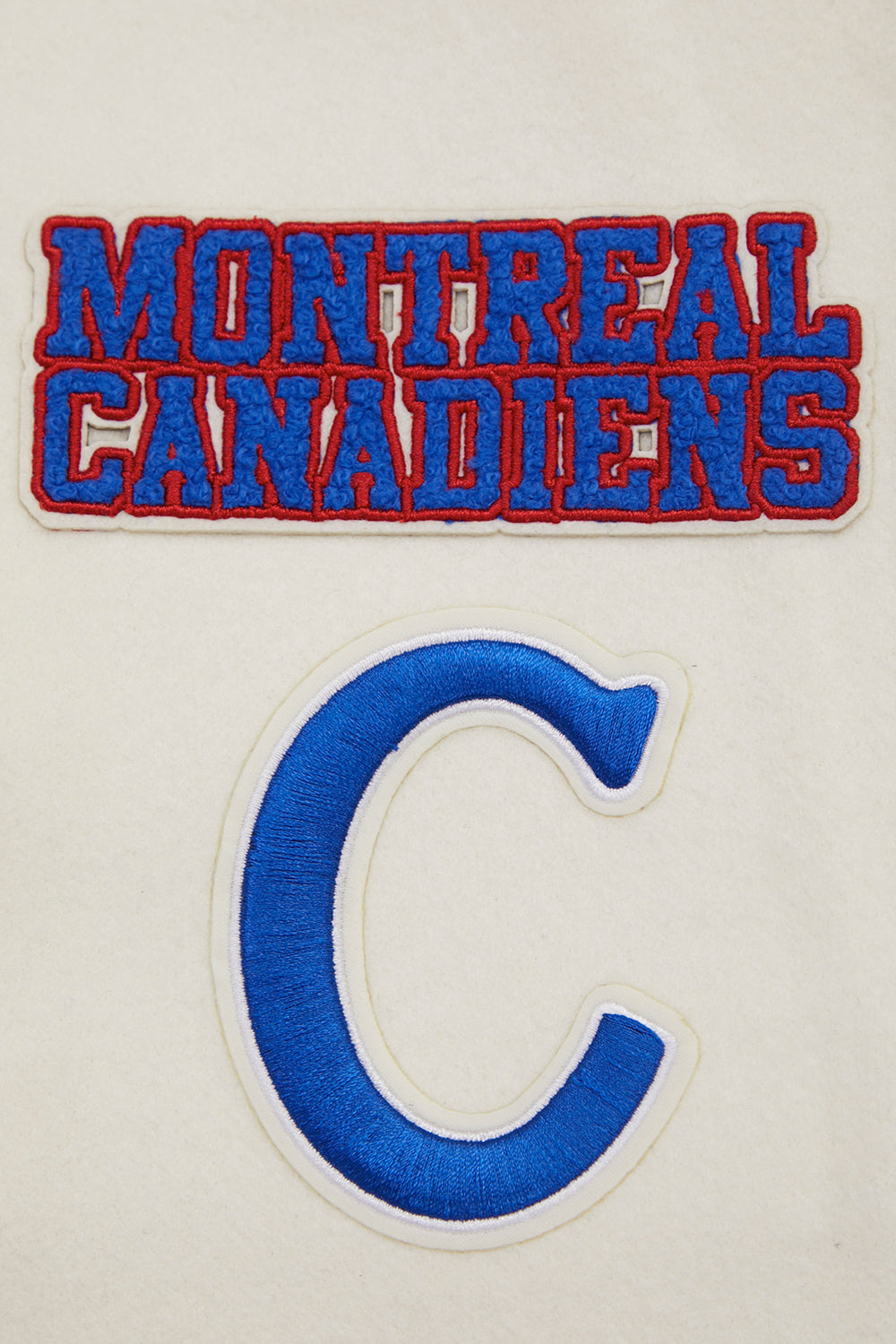 NHL MONTREAL CANADIENS RETRO CLASSIC BLOUSON COLLÉGIAL EN LAINE À BORDS CÔTELÉS POUR FEMME (COQUILLE D'ŒUF/ROUGE)