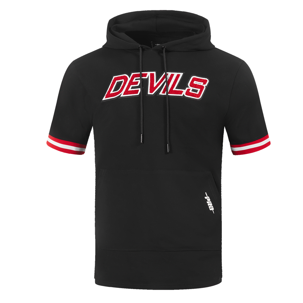 NHL NEW JERSEY DEVILS CLASSIC CHENILLE CHANDAIL À CAPUCHON EN MAILLE DOUBLE À MANCHES COURTES POUR HOMME (NOIR/ROUGE)