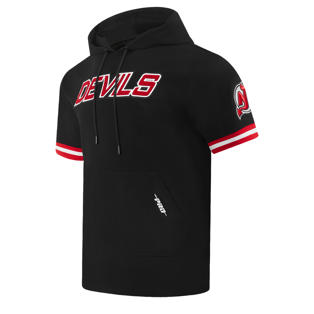 NHL NEW JERSEY DEVILS CLASSIC CHENILLE CHANDAIL À CAPUCHON EN MAILLE DOUBLE À MANCHES COURTES POUR HOMME (NOIR/ROUGE)
