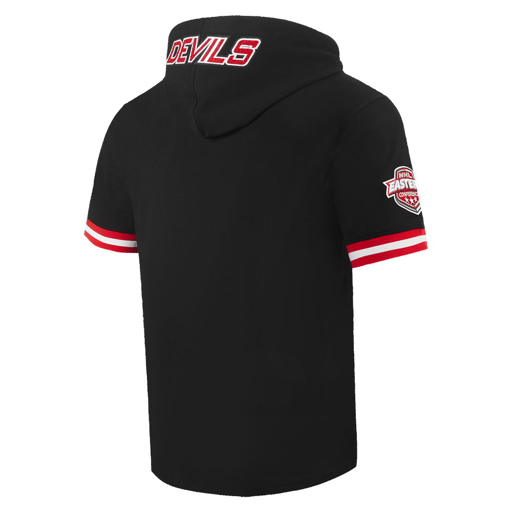 NHL NEW JERSEY DEVILS CLASSIC CHENILLE CHANDAIL À CAPUCHON EN MAILLE DOUBLE À MANCHES COURTES POUR HOMME (NOIR/ROUGE)