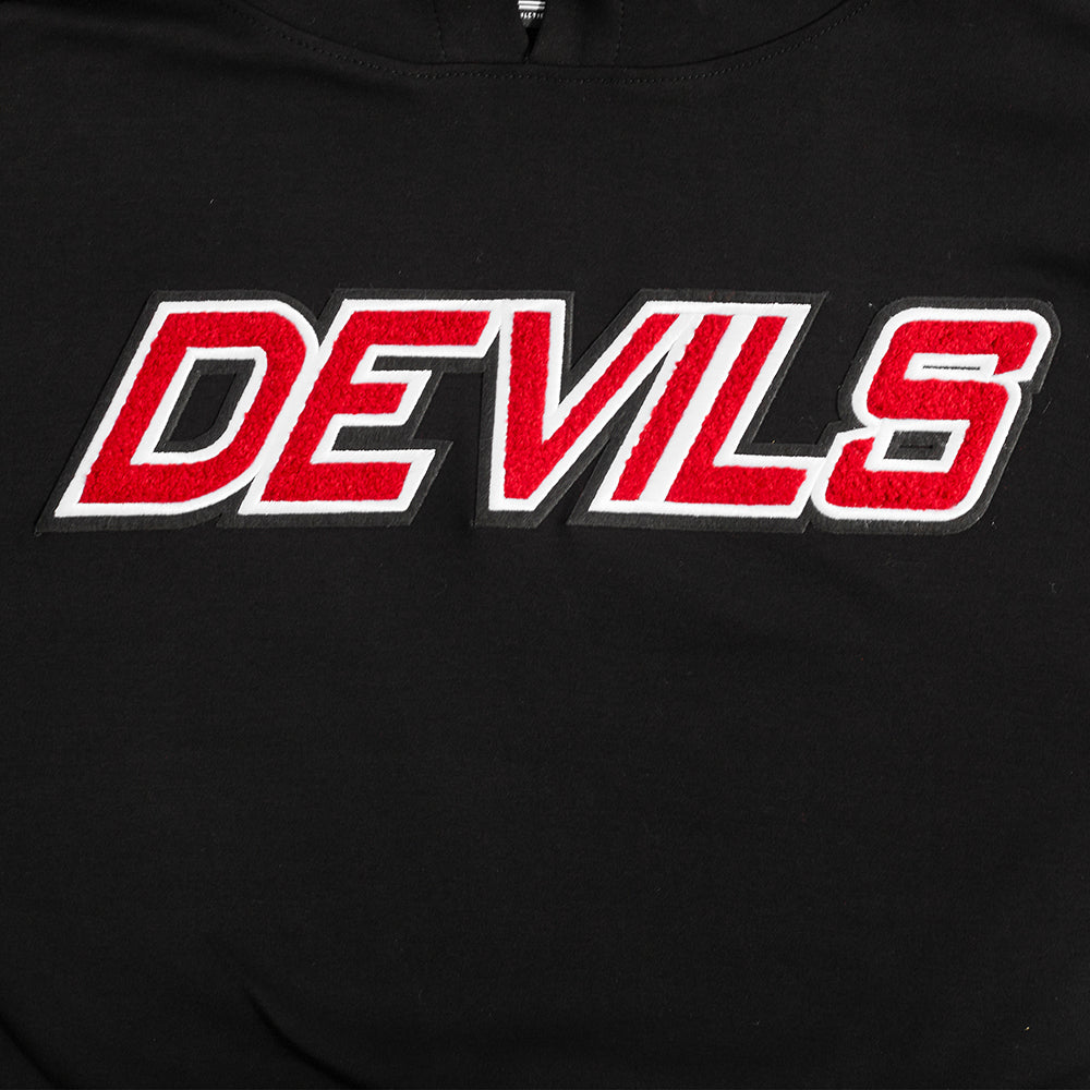 NHL NEW JERSEY DEVILS CLASSIC CHENILLE CHANDAIL À CAPUCHON EN MAILLE DOUBLE À MANCHES COURTES POUR HOMME (NOIR/ROUGE)