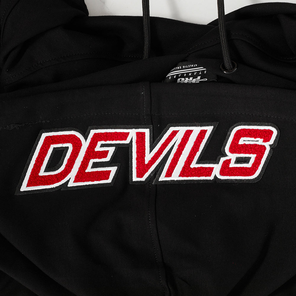 NHL NEW JERSEY DEVILS CLASSIC CHENILLE CHANDAIL À CAPUCHON EN MAILLE DOUBLE À MANCHES COURTES POUR HOMME (NOIR/ROUGE)