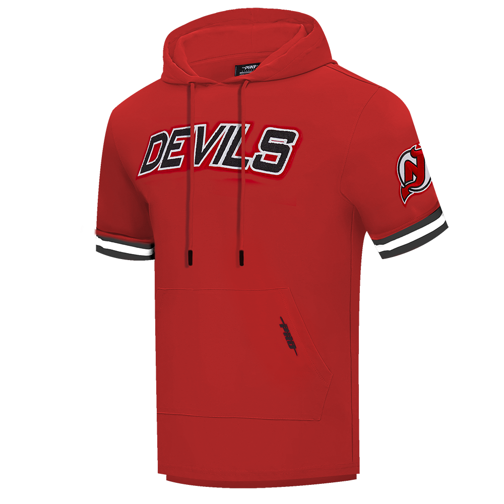 NHL NEW JERSEY DEVILS CLASSIC CHENILLE CHANDAIL À CAPUCHON EN MAILLE DOUBLE À MANCHES COURTES POUR HOMME (ROUGE/NOIR)