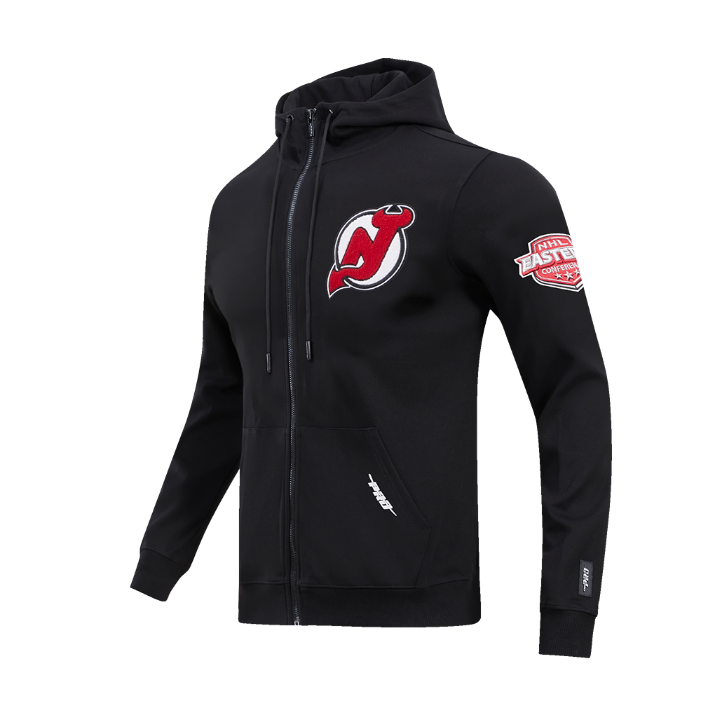 NHL NEW JERSEY DEVILS CLASSIC CHENILLE MEN'S FULL ZIP PULLOVER HOODIE (BLACK)